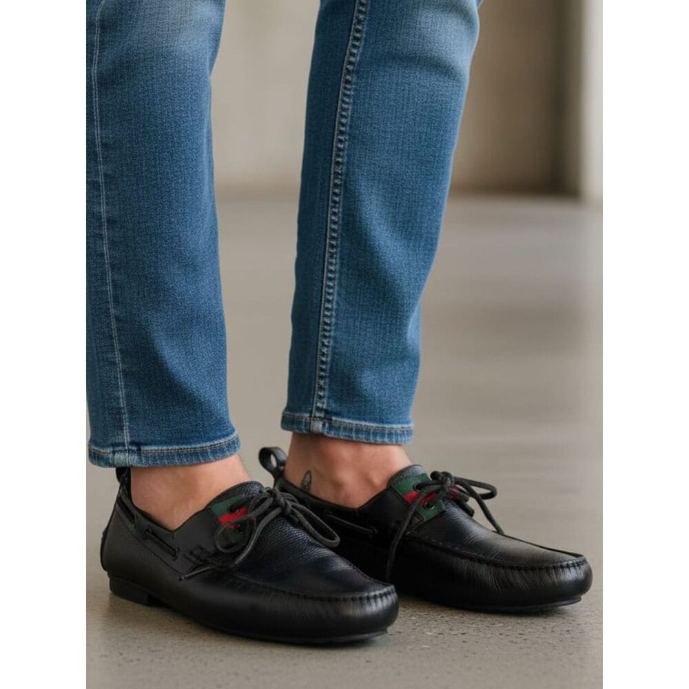 Gucci Men's Black Leather & Mesh Boat Shoes - Size 10